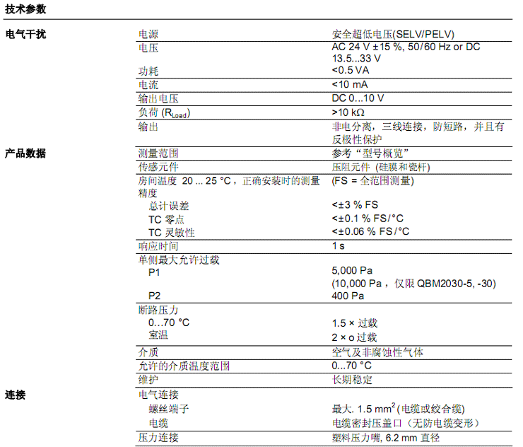 西门子压差传感器QBM2030参数